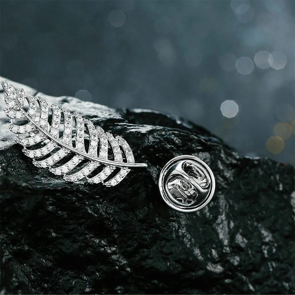 Autumn Leaf Crystal Clear Diamante Silver Brooch