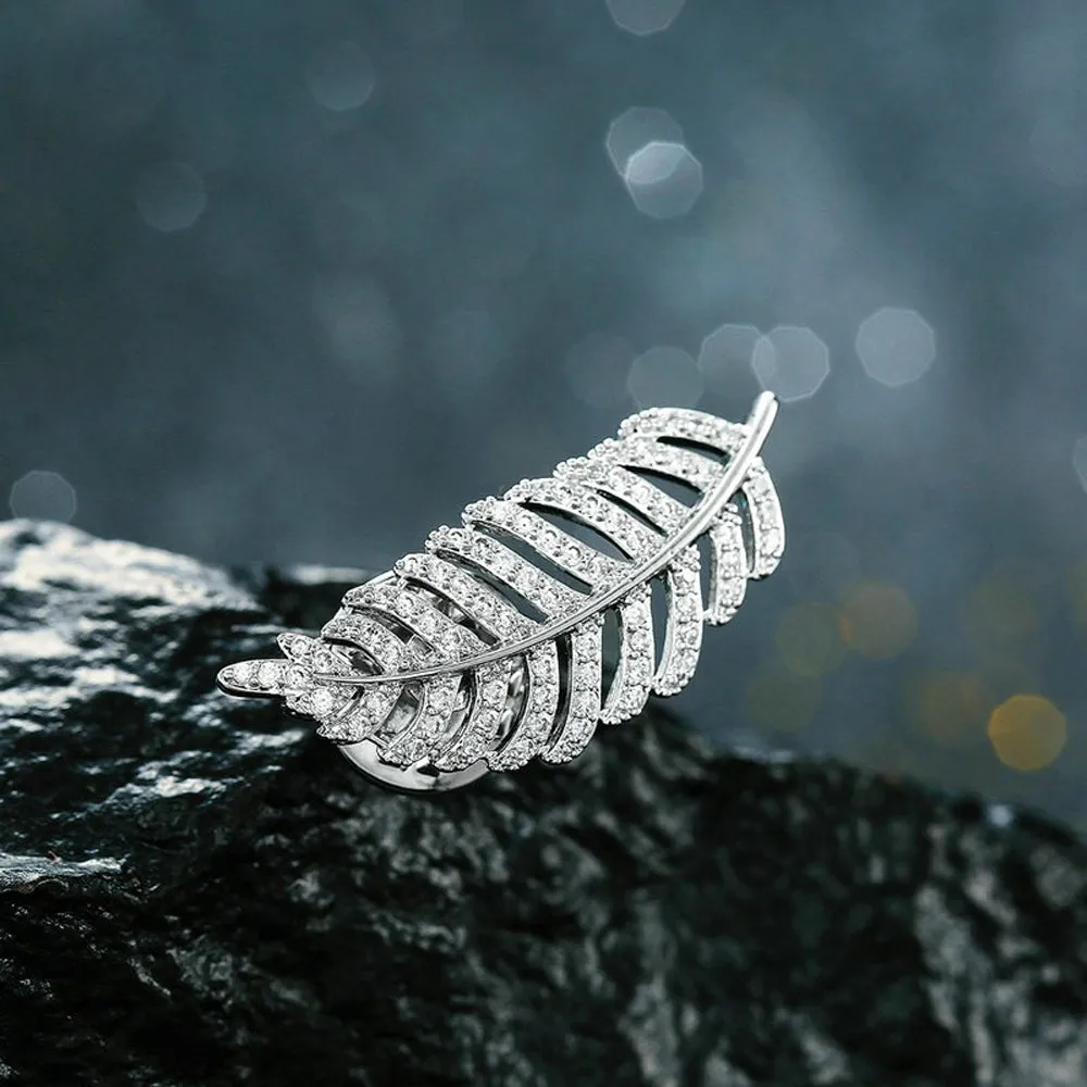Autumn Leaf Crystal Clear Diamante Silver Brooch