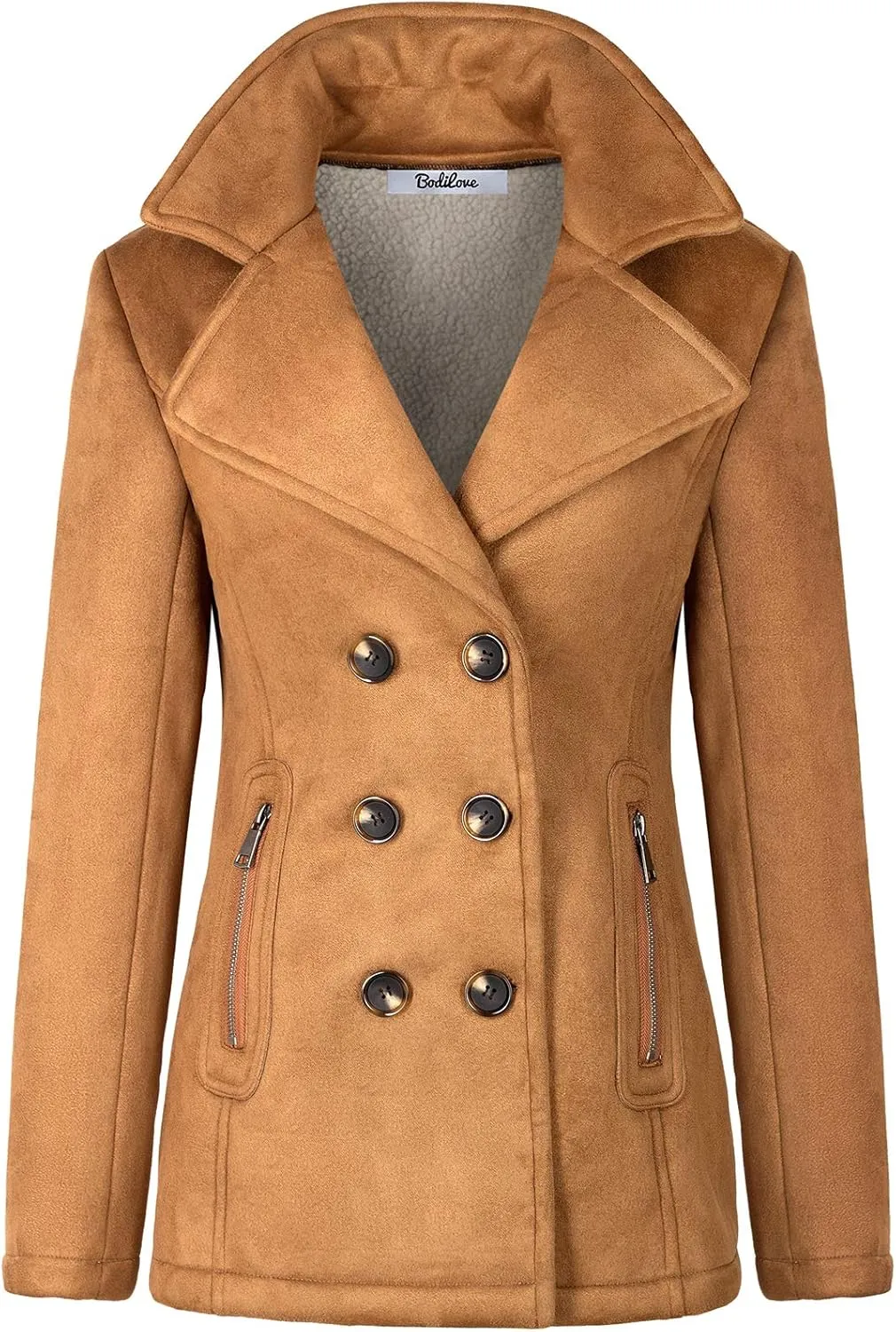 BodiLove Women's Fitted Buttoned Long Sleeve Polyester Lining Soft Suede Pea Coat w/Sherpa Lining