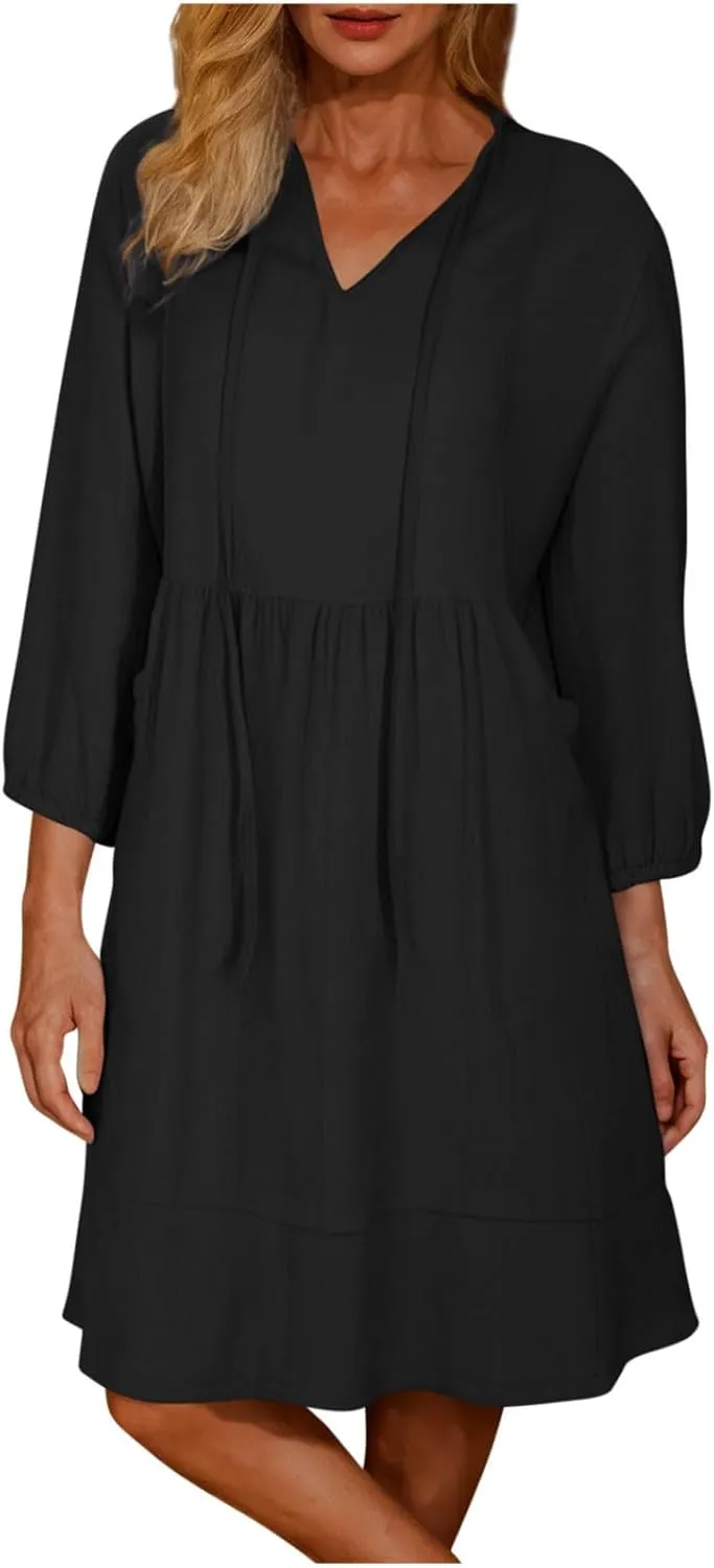 Borniu Women Casual Summer Summer Dresses Tie V Neck Half Sleeve High Waist Ruffle Tiered A Line Swing Tunic Mini Dress