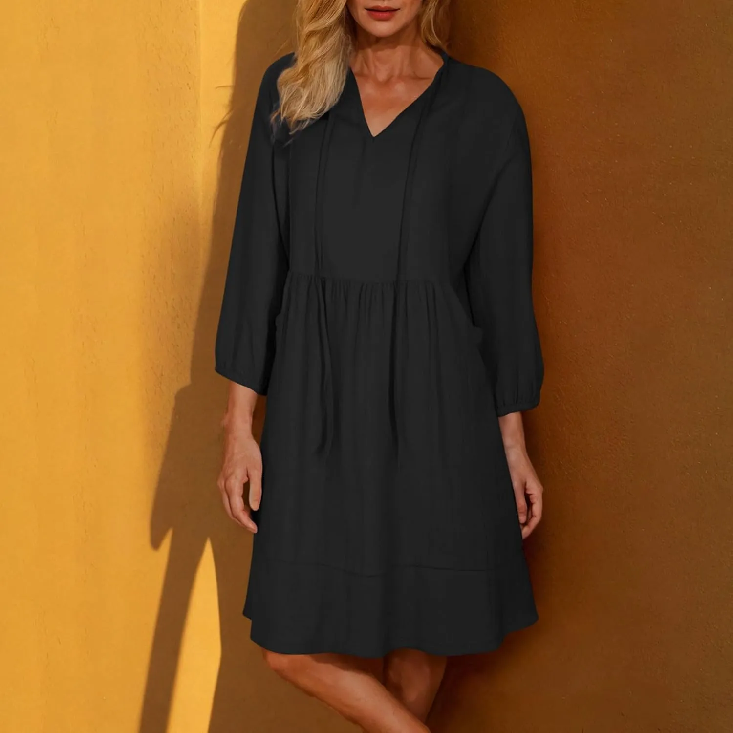 Borniu Women Casual Summer Summer Dresses Tie V Neck Half Sleeve High Waist Ruffle Tiered A Line Swing Tunic Mini Dress