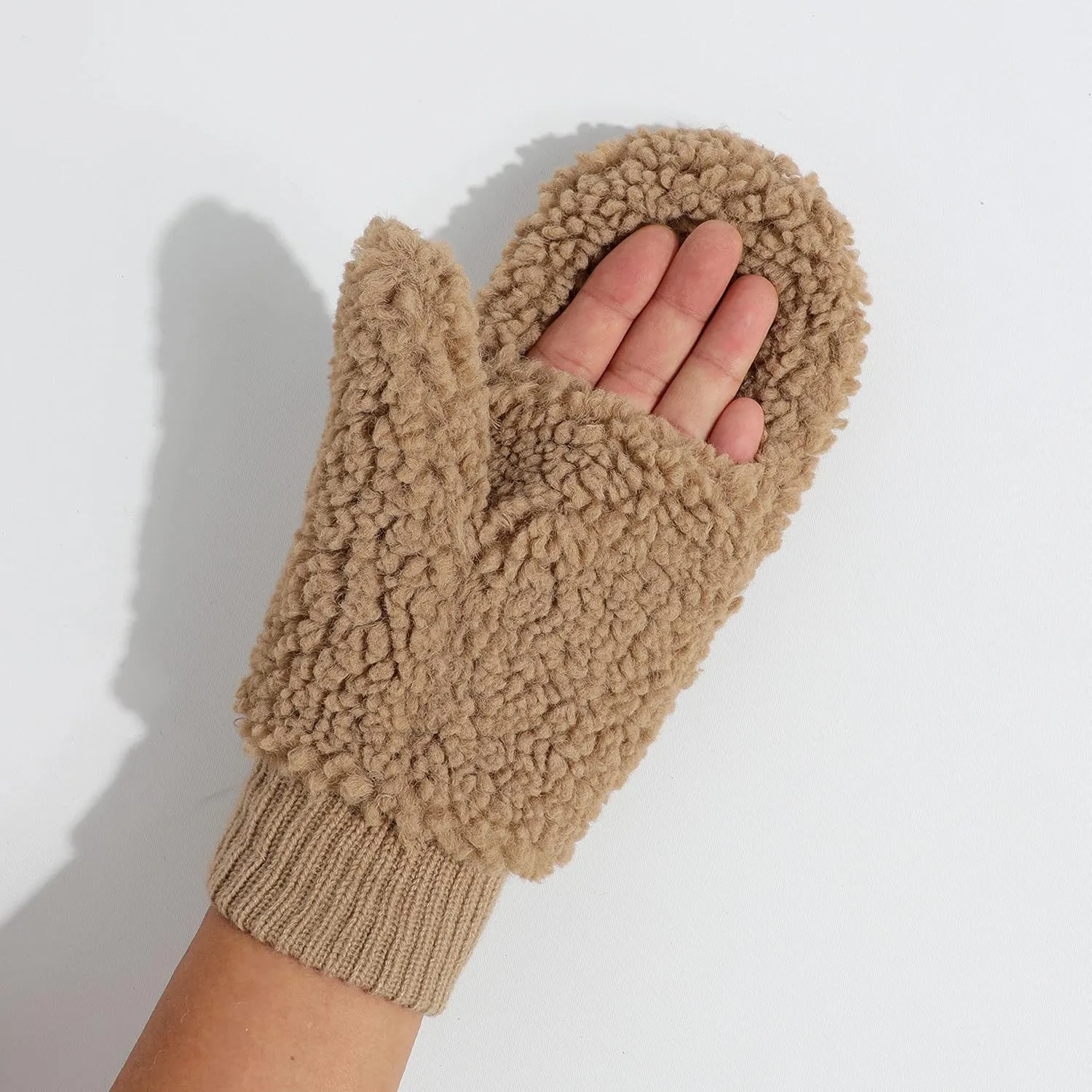 C.C Sherpa Cuff Beanie Hat Suede Logo and Sherpa Mitten Gloves (HAT-008,MT-008)