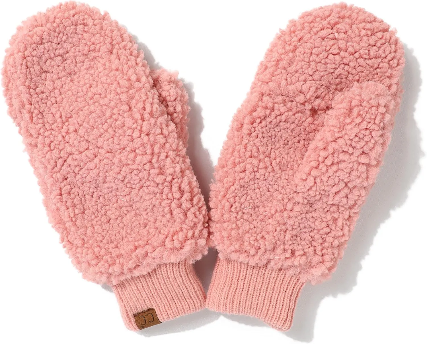 C.C Sherpa Cuff Beanie Hat Suede Logo and Sherpa Mitten Gloves (HAT-008,MT-008)