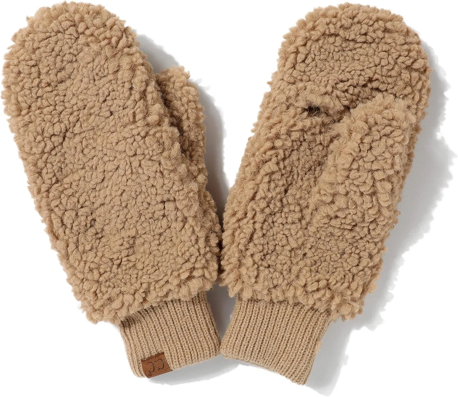 C.C Sherpa Cuff Beanie Hat Suede Logo and Sherpa Mitten Gloves (HAT-008,MT-008)