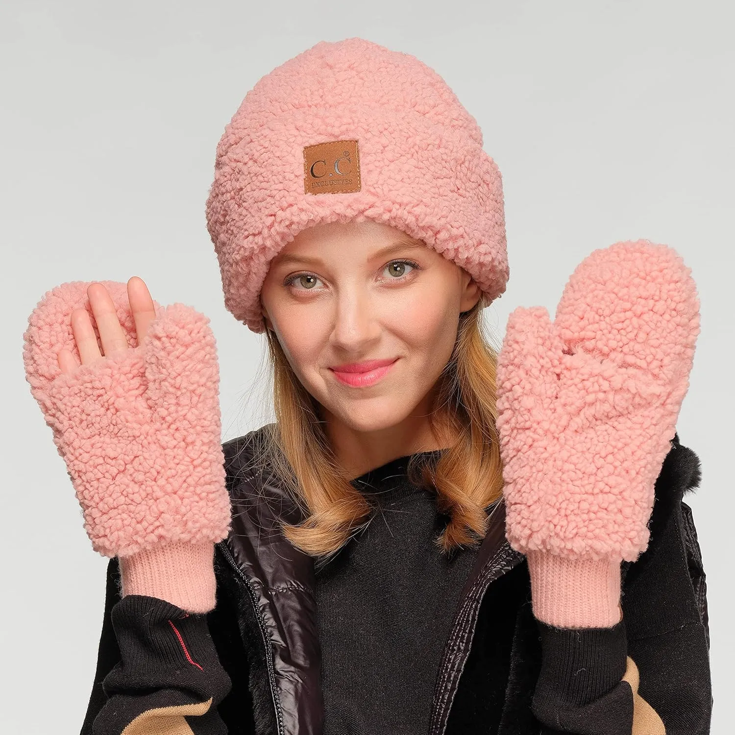 C.C Sherpa Cuff Beanie Hat Suede Logo and Sherpa Mitten Gloves (HAT-008,MT-008)