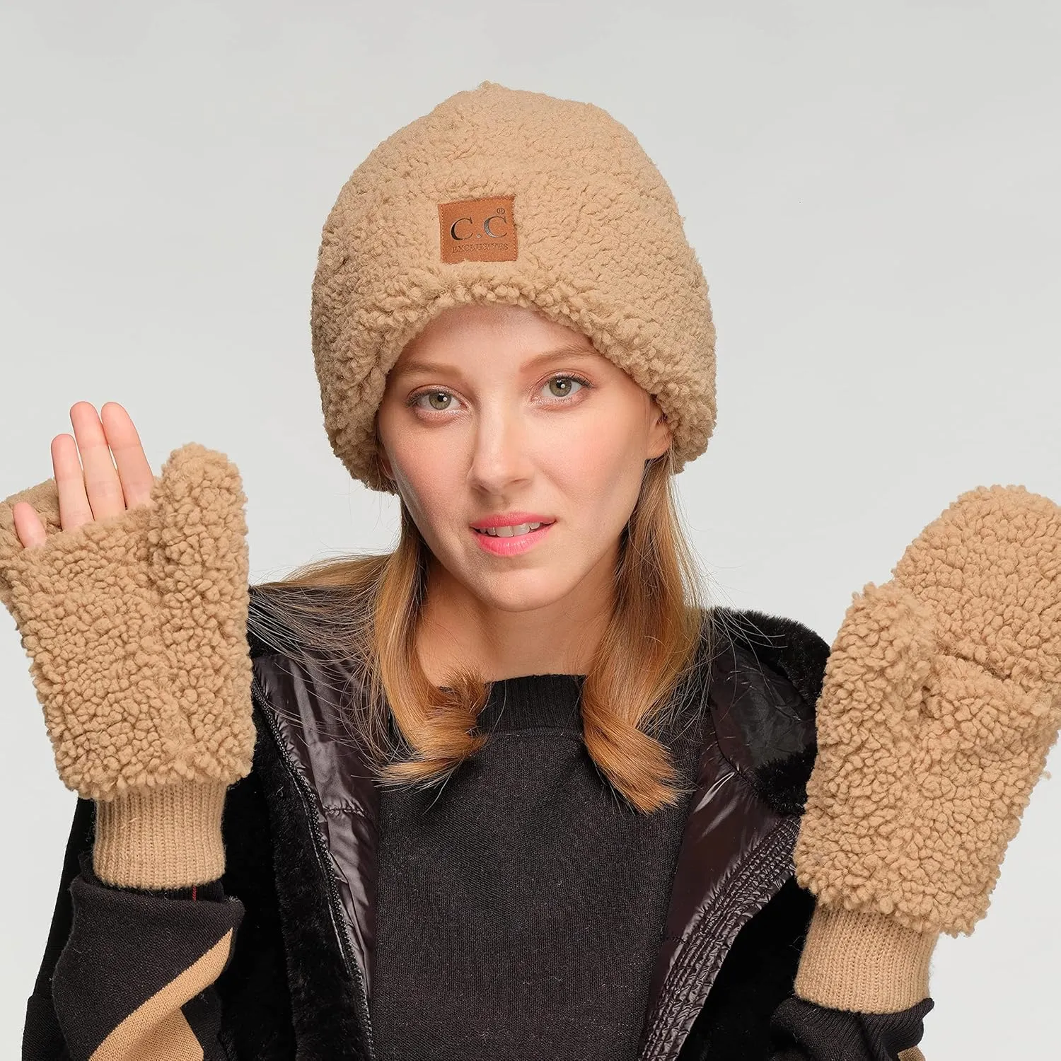 C.C Sherpa Cuff Beanie Hat Suede Logo and Sherpa Mitten Gloves (HAT-008,MT-008)