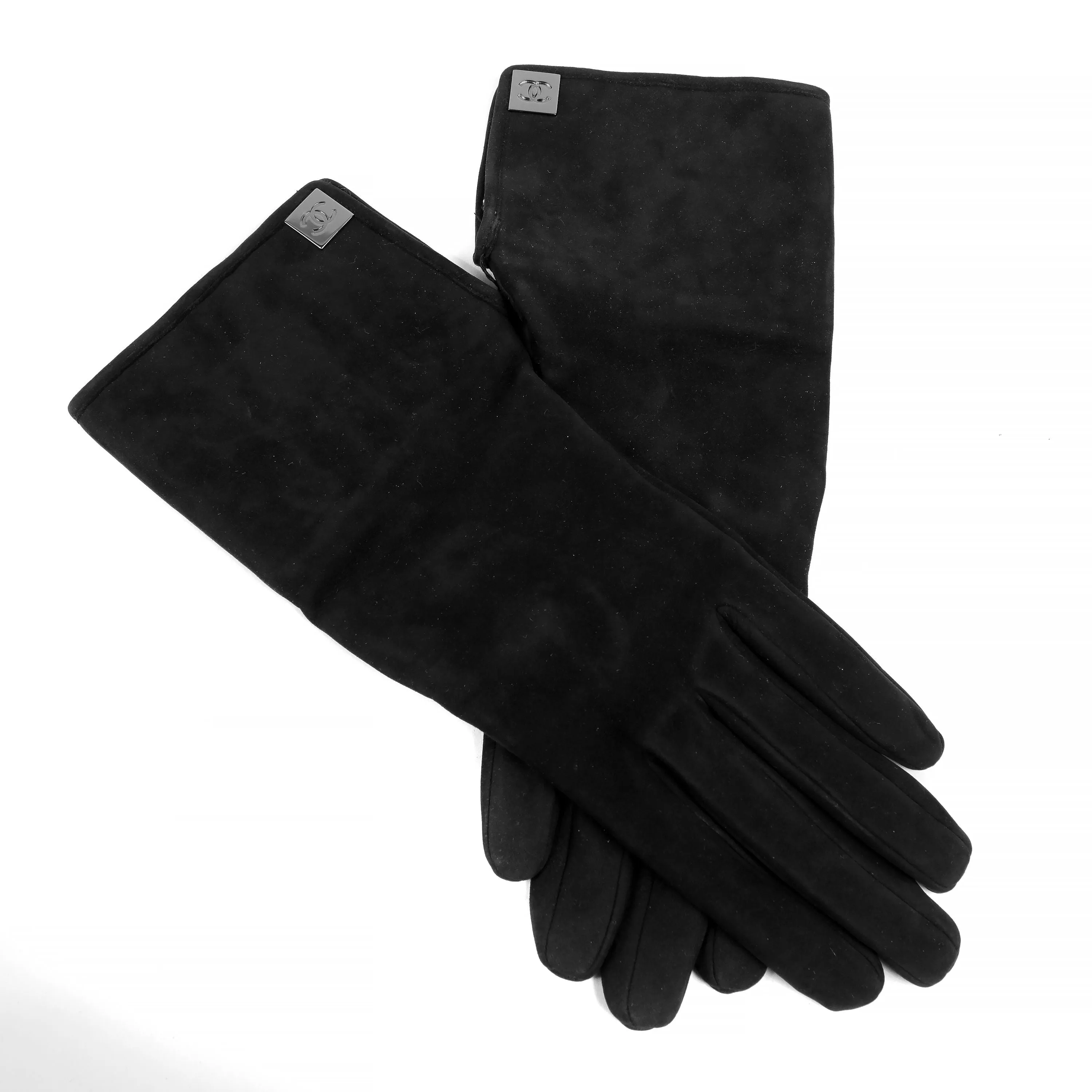 Chanel Black Suede Gloves w/ Tweed Lining