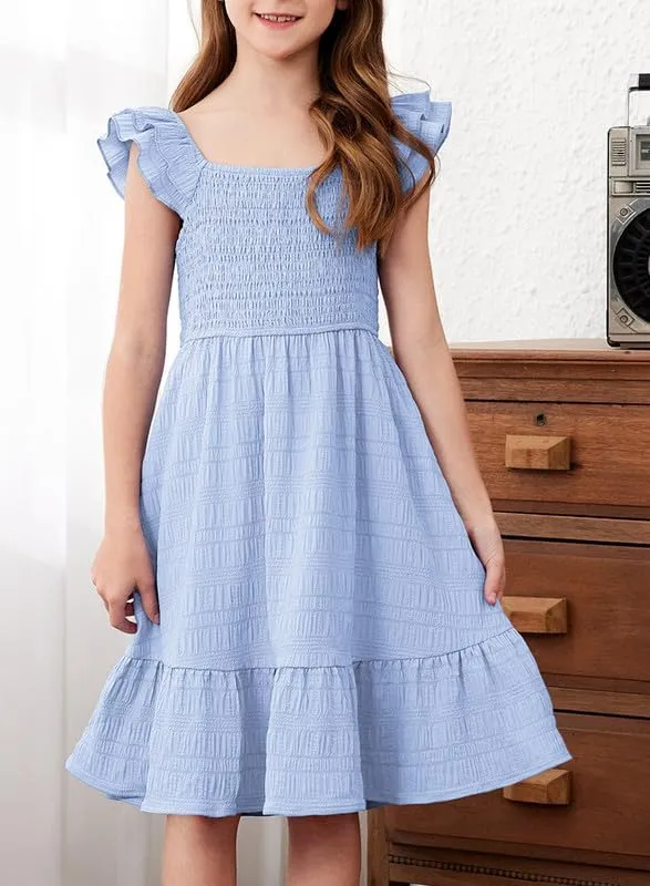 Girls Summer Dresses Cute Double Layer Ruffle Sleeve Smocked Flowy Dress 6-15 Years