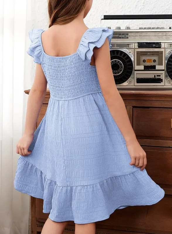 Girls Summer Dresses Cute Double Layer Ruffle Sleeve Smocked Flowy Dress 6-15 Years
