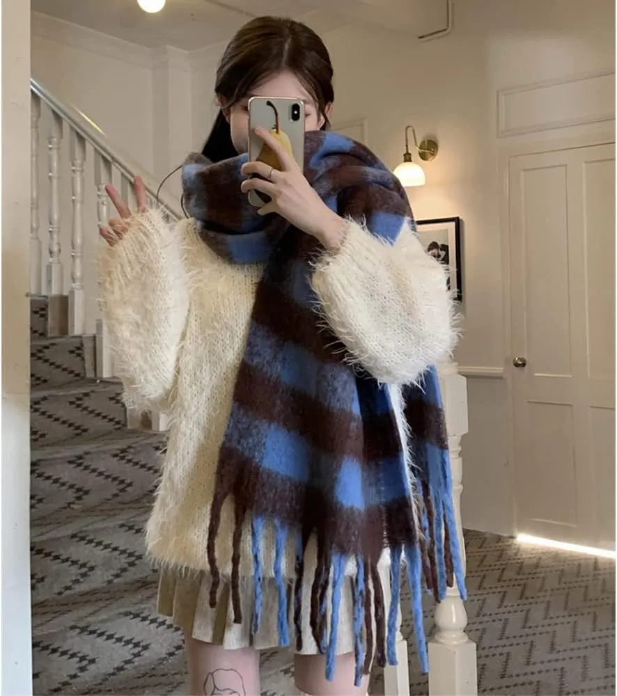 Large Chunky Plaid Scarf Checked Colorful Oversized Scarves Soft Big Cashmere Wool Thick Winter Warm Blanket Women