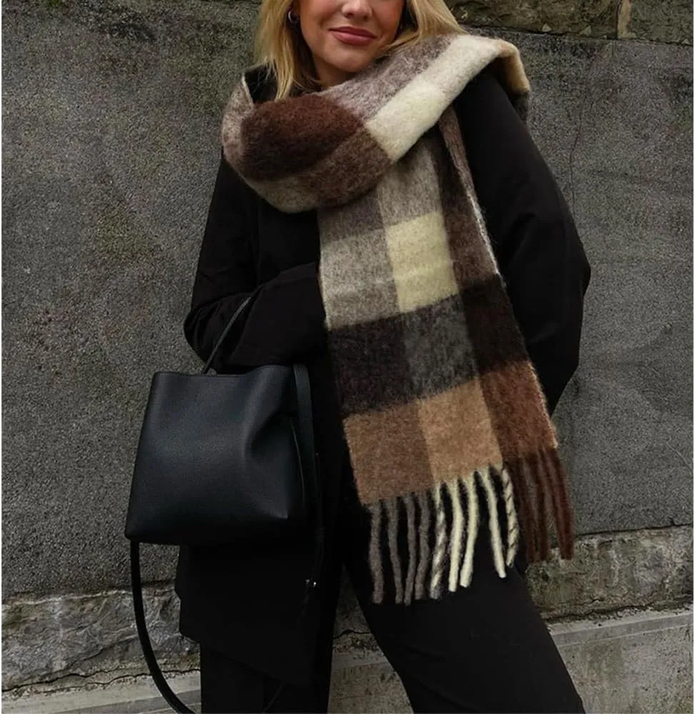 Large Chunky Plaid Scarf Checked Colorful Oversized Scarves Soft Big Cashmere Wool Thick Winter Warm Blanket Women