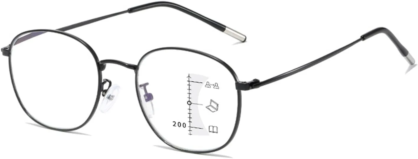 Progressive Multifocus Reading Glasses Round Metal Thin Frame Blue Light Blocking Computer Readers Ultralight Flexible Titanium Multifocal Eyeglasses for Women Men ( Color : Black Silver , Size :  350