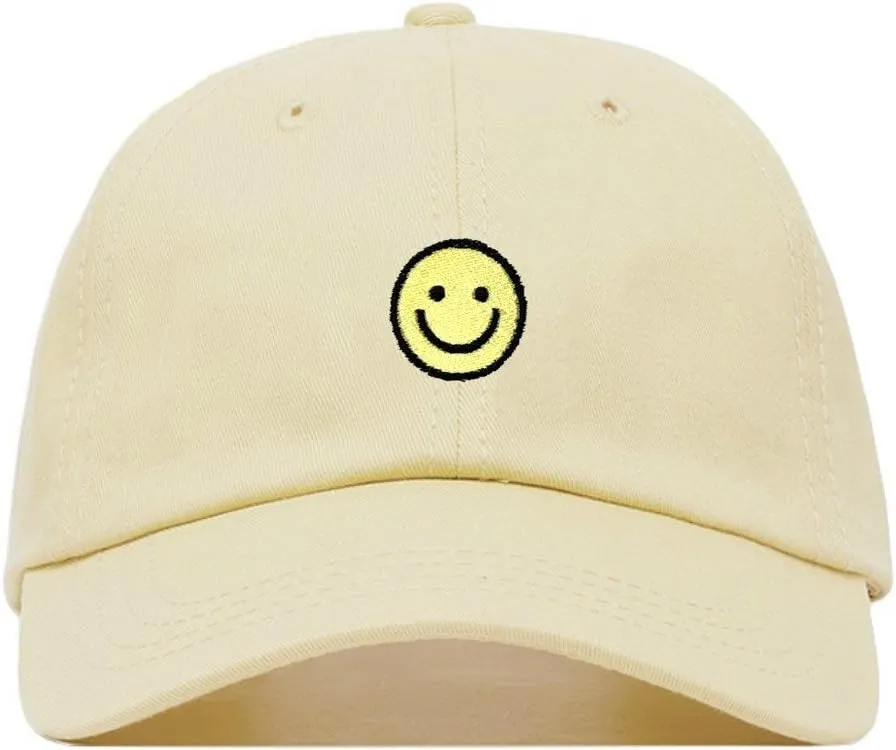 Smiley Face Baseball Hat, Embroidered Dad Cap, Unstructured Soft Cotton, Adjustable Strap Back (Multiple Colors)
