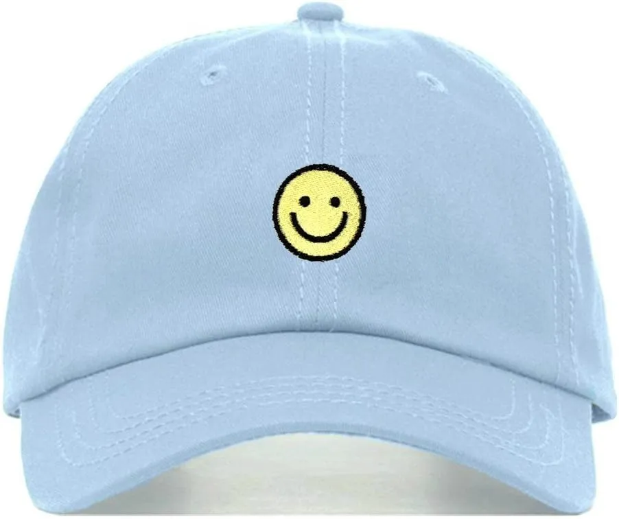 Smiley Face Baseball Hat, Embroidered Dad Cap, Unstructured Soft Cotton, Adjustable Strap Back (Multiple Colors)