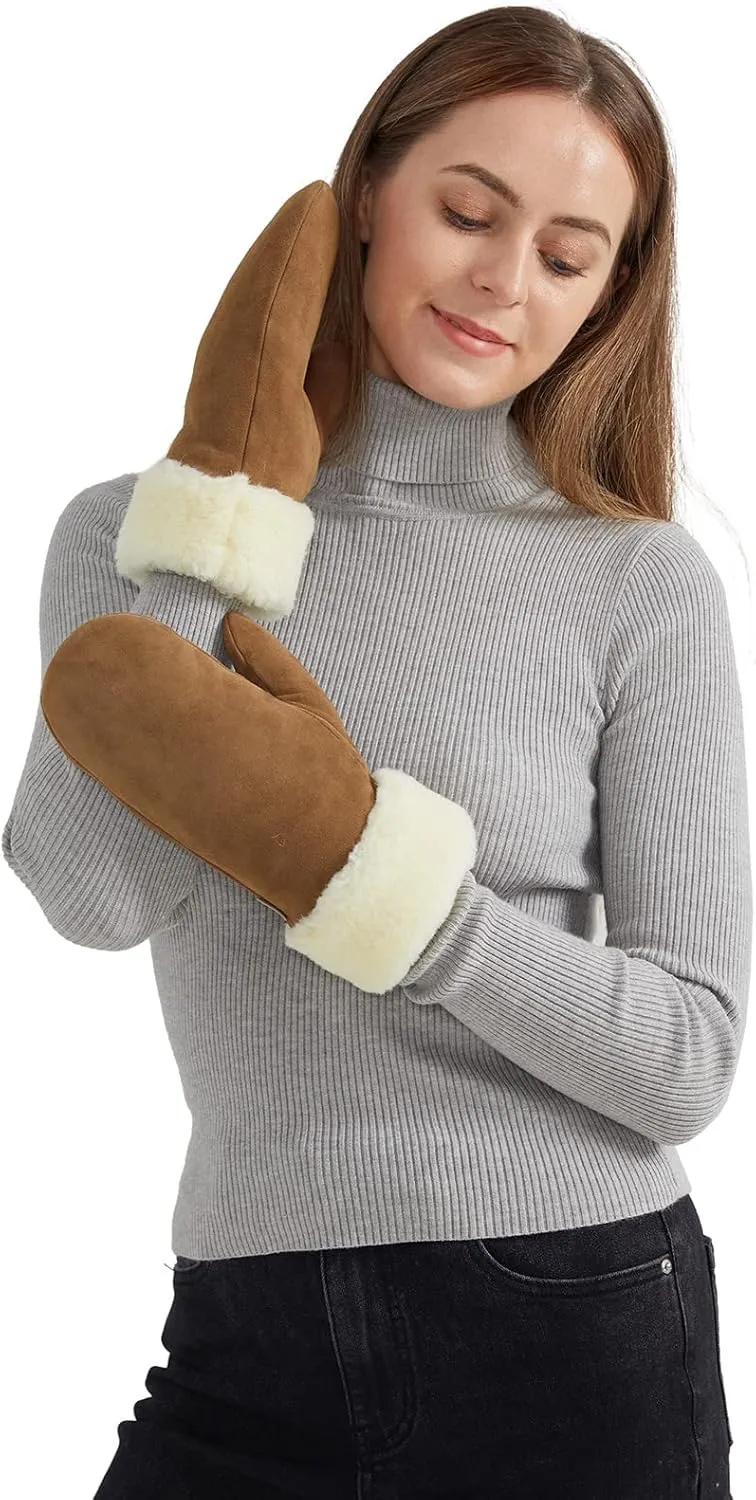 Surblue Winter Mittens Suede Sheepskin Gloves Leather Fur Premium Shearling Warm Cuff Thick Lambswool Lined Cold Weather