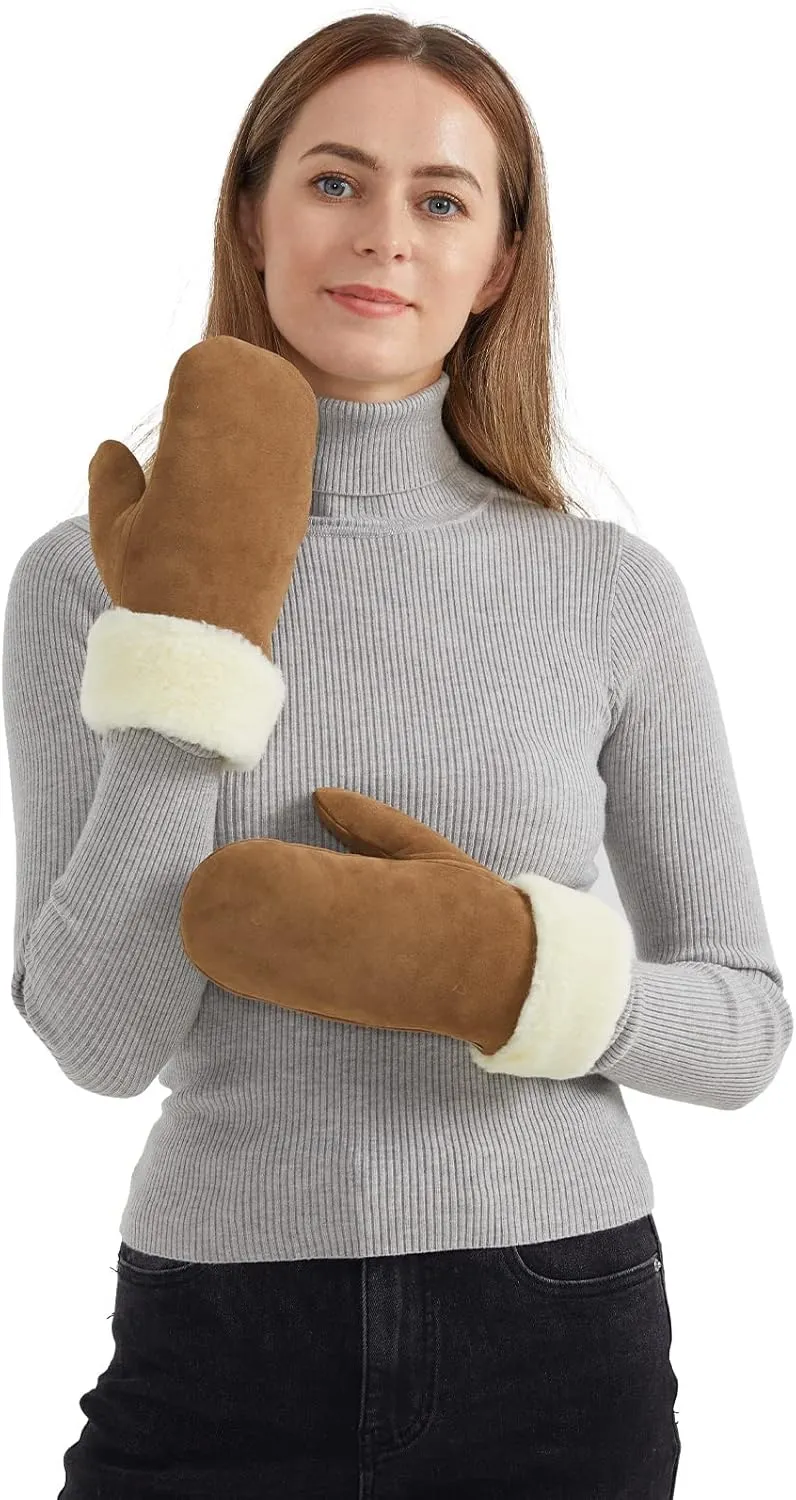 Surblue Winter Mittens Suede Sheepskin Gloves Leather Fur Premium Shearling Warm Cuff Thick Lambswool Lined Cold Weather