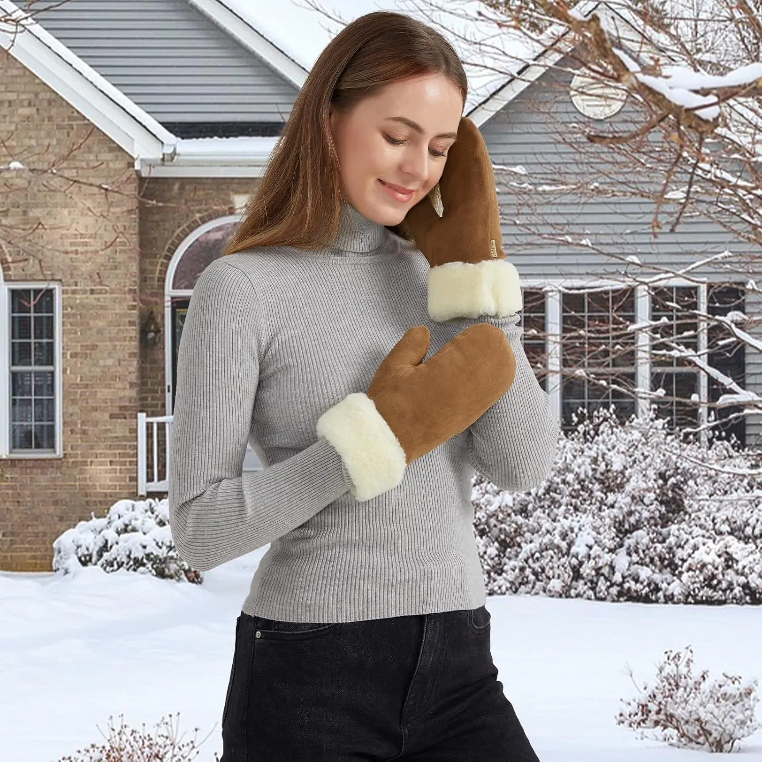 Surblue Winter Mittens Suede Sheepskin Gloves Leather Fur Premium Shearling Warm Cuff Thick Lambswool Lined Cold Weather