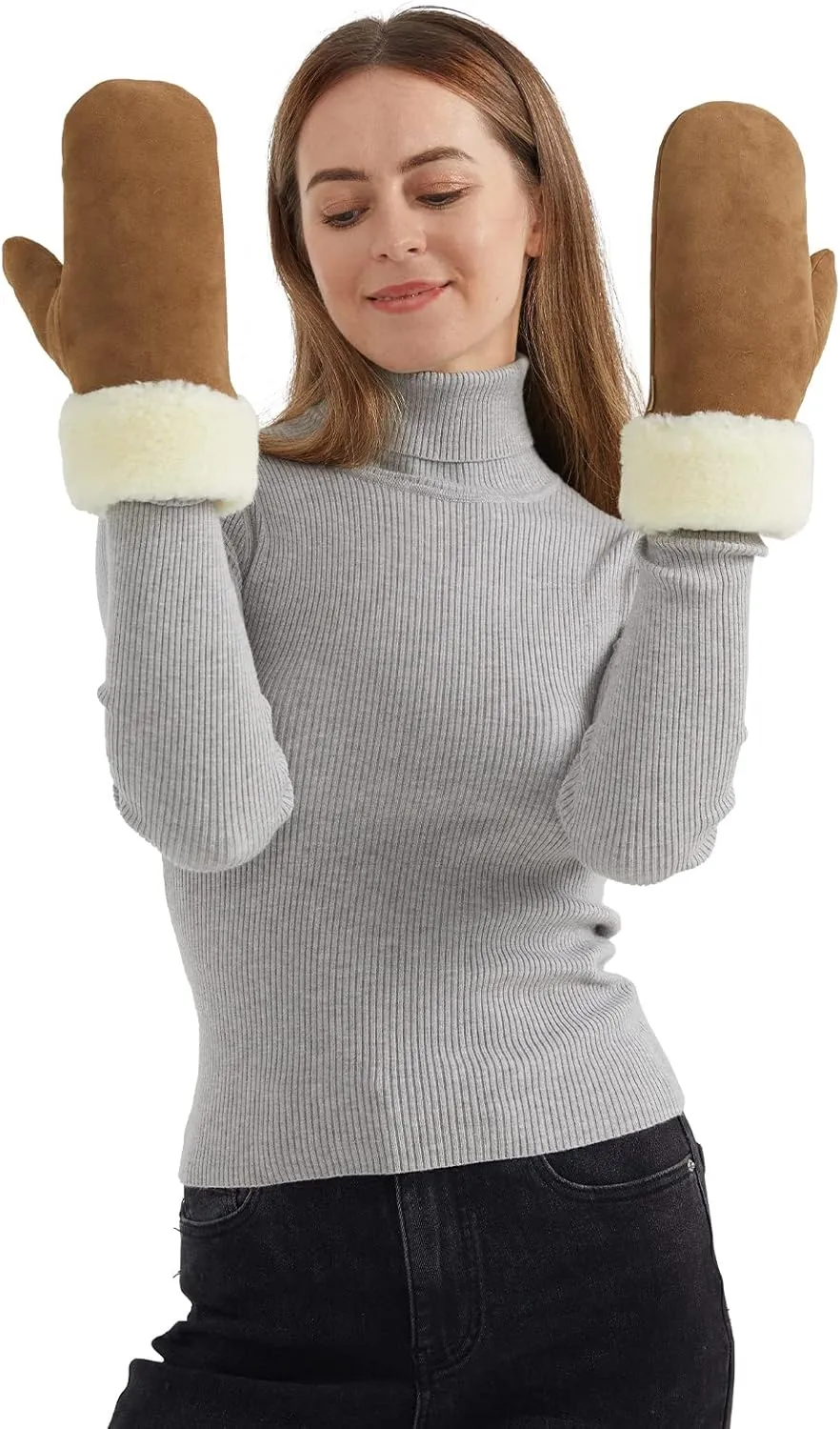 Surblue Winter Mittens Suede Sheepskin Gloves Leather Fur Premium Shearling Warm Cuff Thick Lambswool Lined Cold Weather