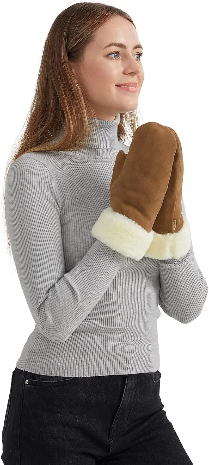 Surblue Winter Mittens Suede Sheepskin Gloves Leather Fur Premium Shearling Warm Cuff Thick Lambswool Lined Cold Weather