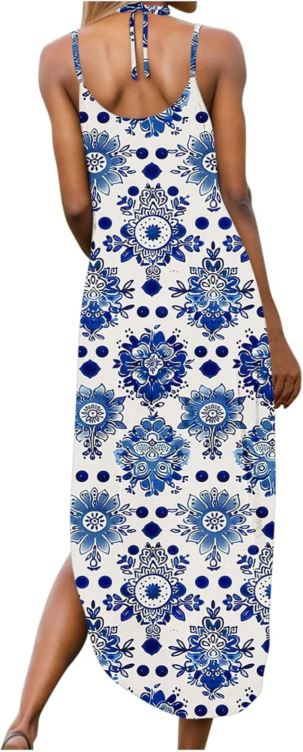 Women Casual Spaghetti Strap Sundress Floral Graphic Print Vacation Summer Maxi Dresses Loose Casual Outfit