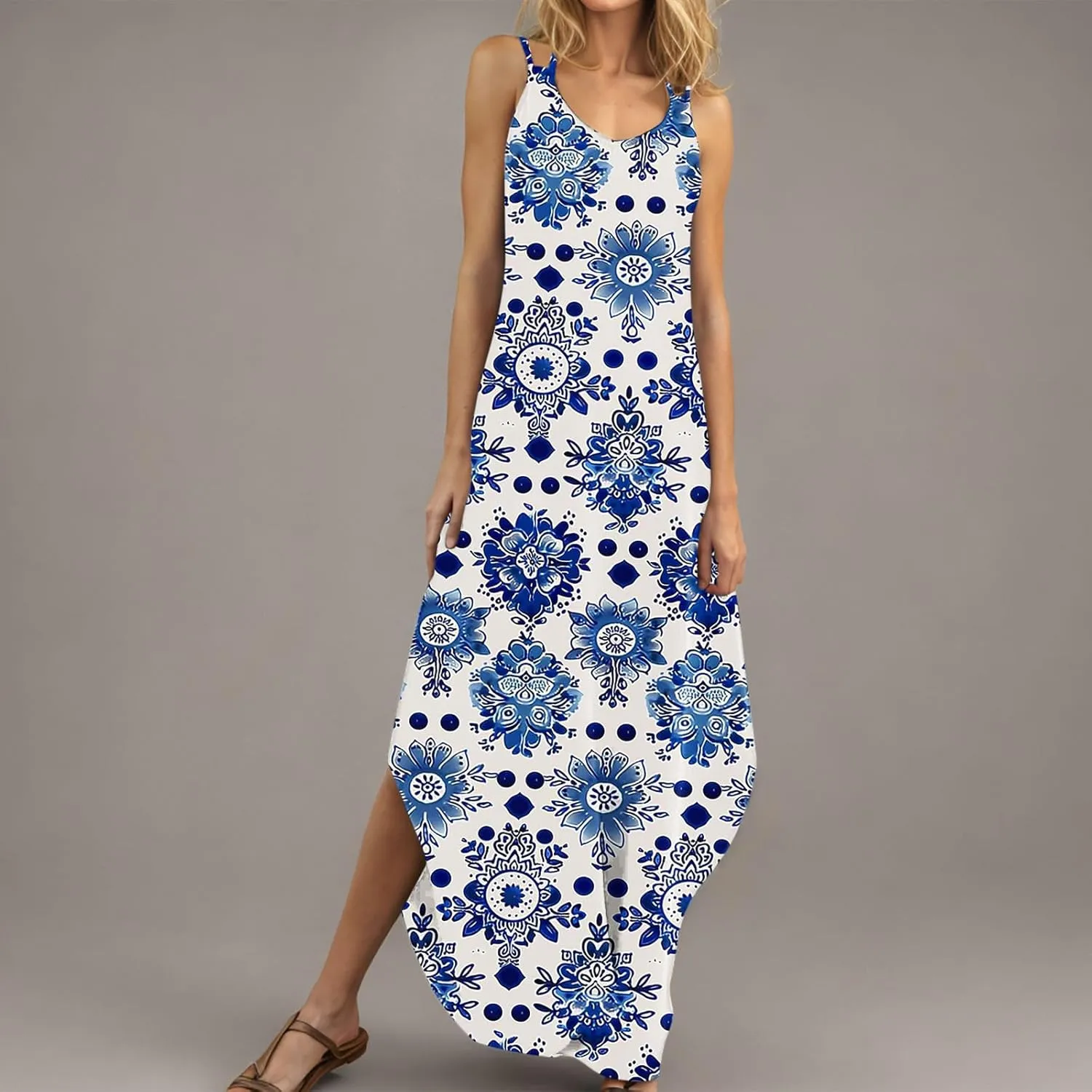 Women Casual Spaghetti Strap Sundress Floral Graphic Print Vacation Summer Maxi Dresses Loose Casual Outfit