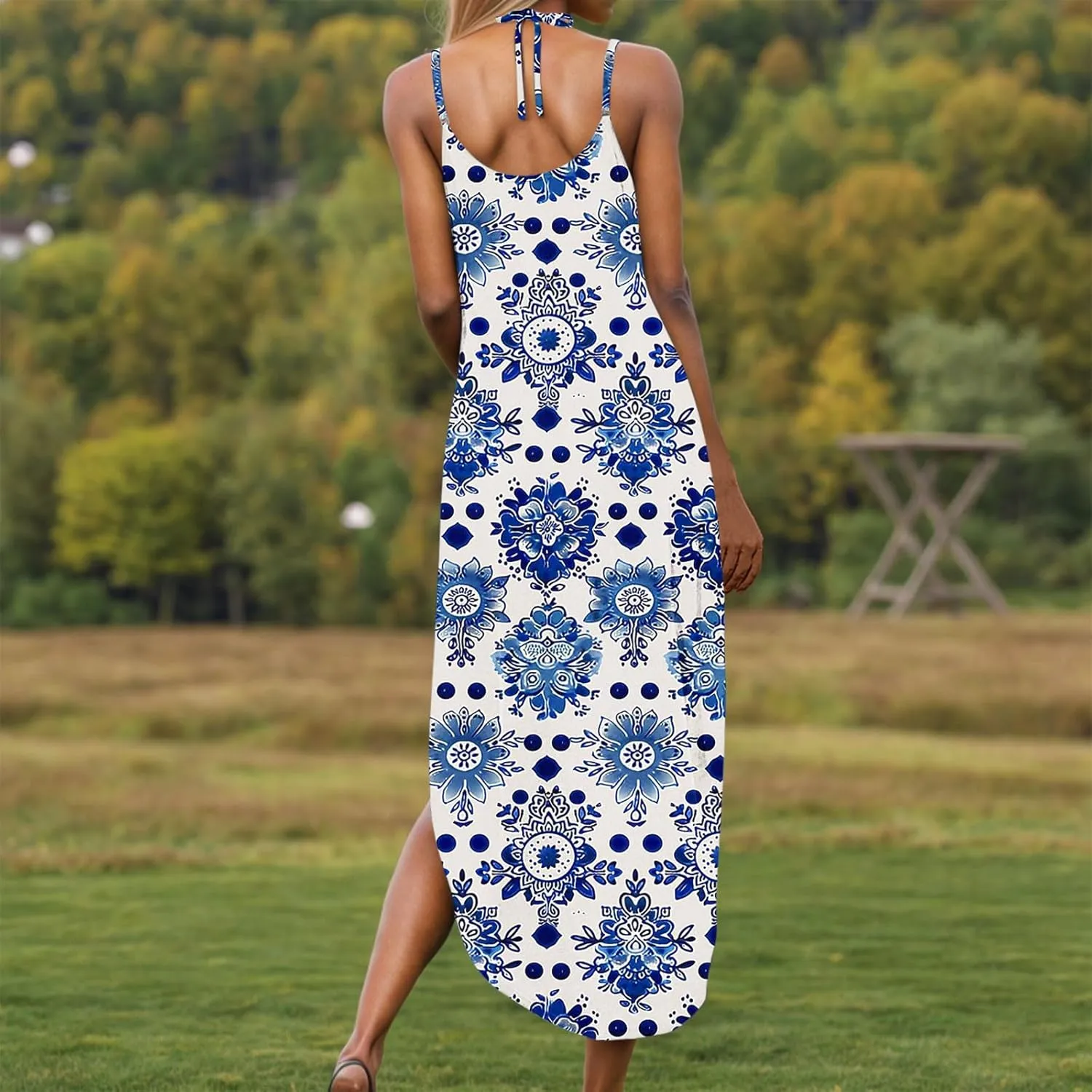 Women Casual Spaghetti Strap Sundress Floral Graphic Print Vacation Summer Maxi Dresses Loose Casual Outfit