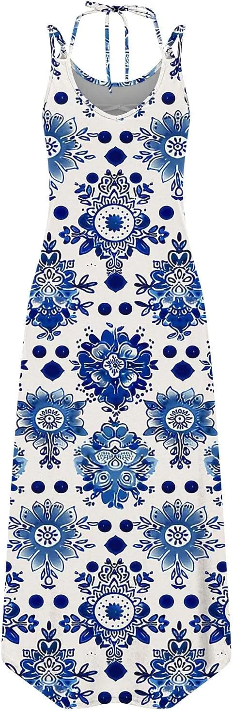 Women Casual Spaghetti Strap Sundress Floral Graphic Print Vacation Summer Maxi Dresses Loose Casual Outfit