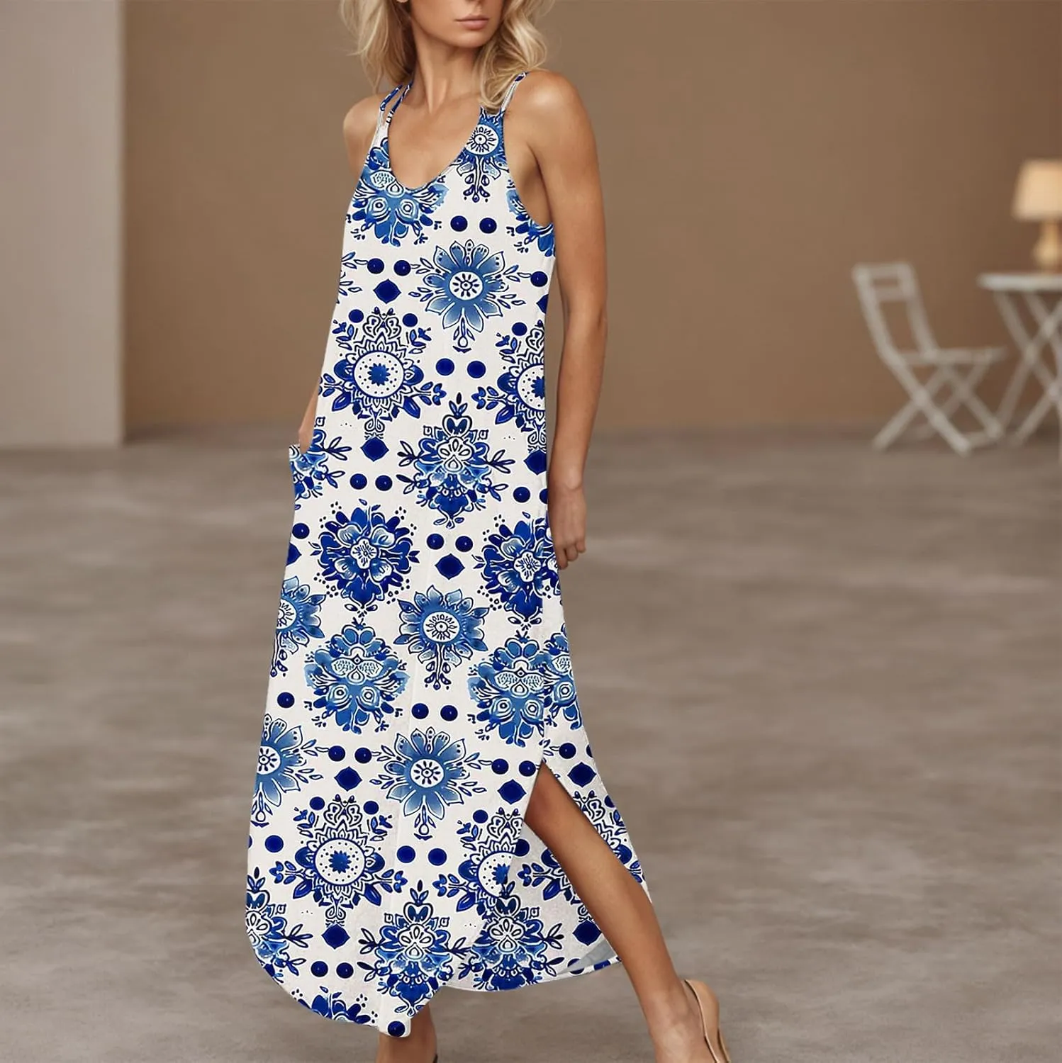 Women Casual Spaghetti Strap Sundress Floral Graphic Print Vacation Summer Maxi Dresses Loose Casual Outfit