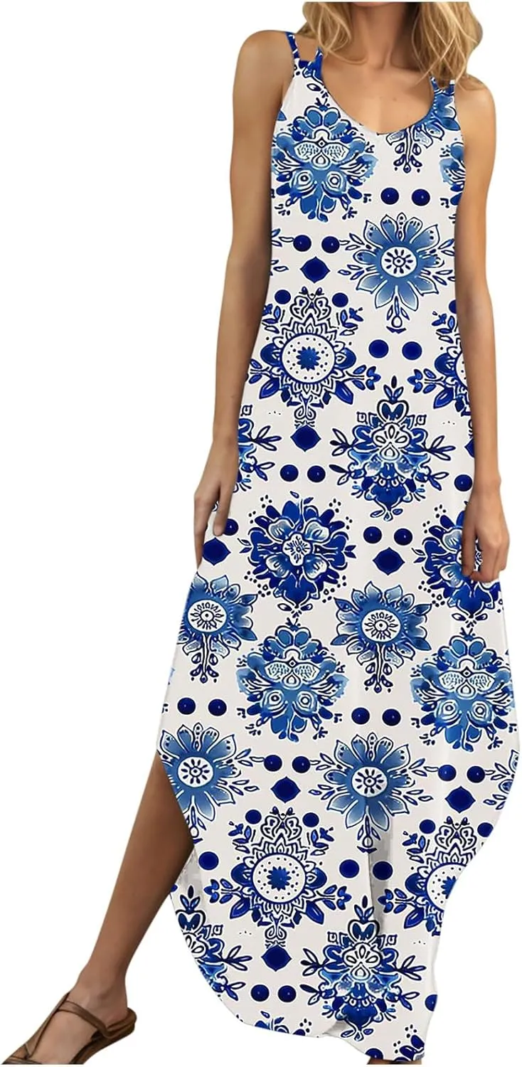 Women Casual Spaghetti Strap Sundress Floral Graphic Print Vacation Summer Maxi Dresses Loose Casual Outfit