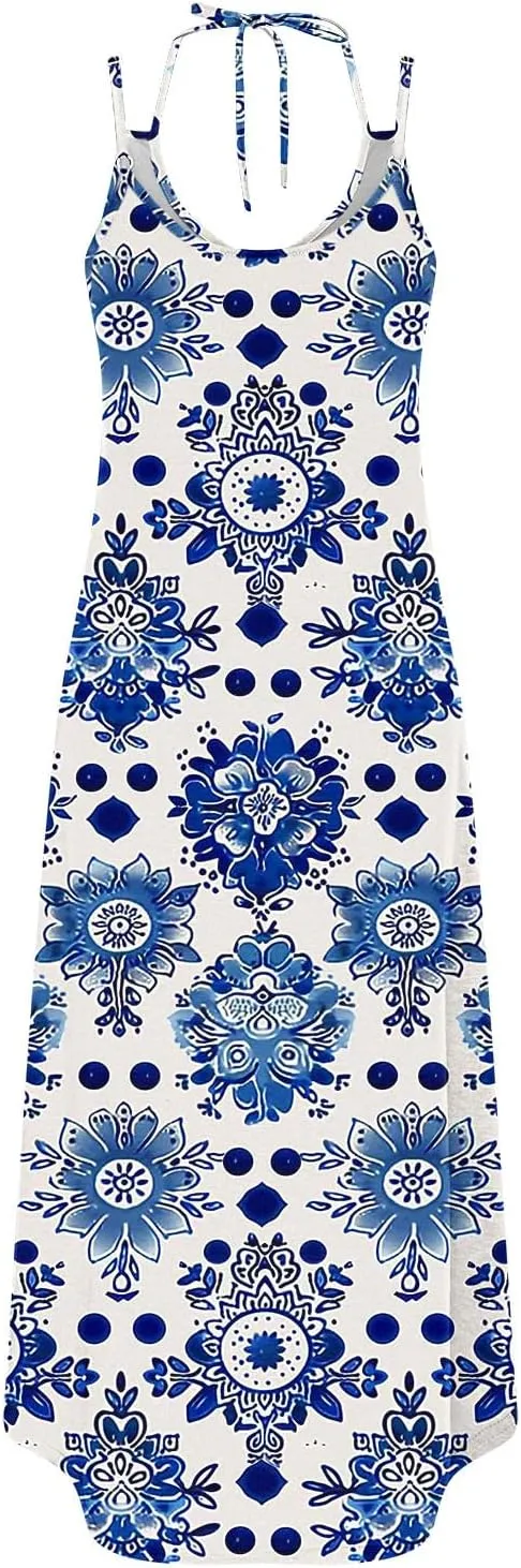 Women Casual Spaghetti Strap Sundress Floral Graphic Print Vacation Summer Maxi Dresses Loose Casual Outfit