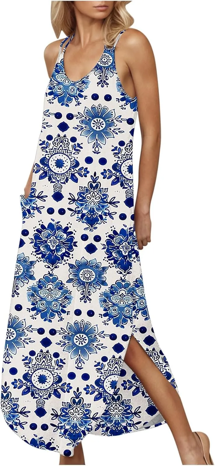 Women Casual Spaghetti Strap Sundress Floral Graphic Print Vacation Summer Maxi Dresses Loose Casual Outfit