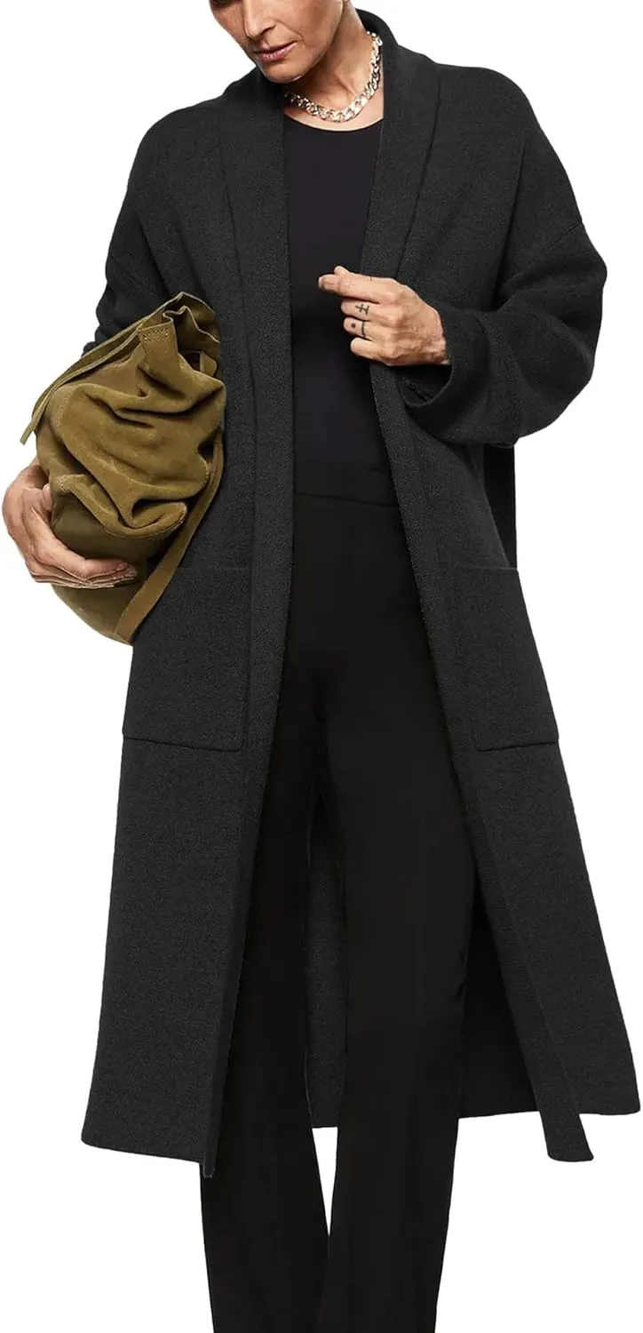 Women's Knee Length Knit Cardigan - Cozy Oversized Coatigan with Front Pockets