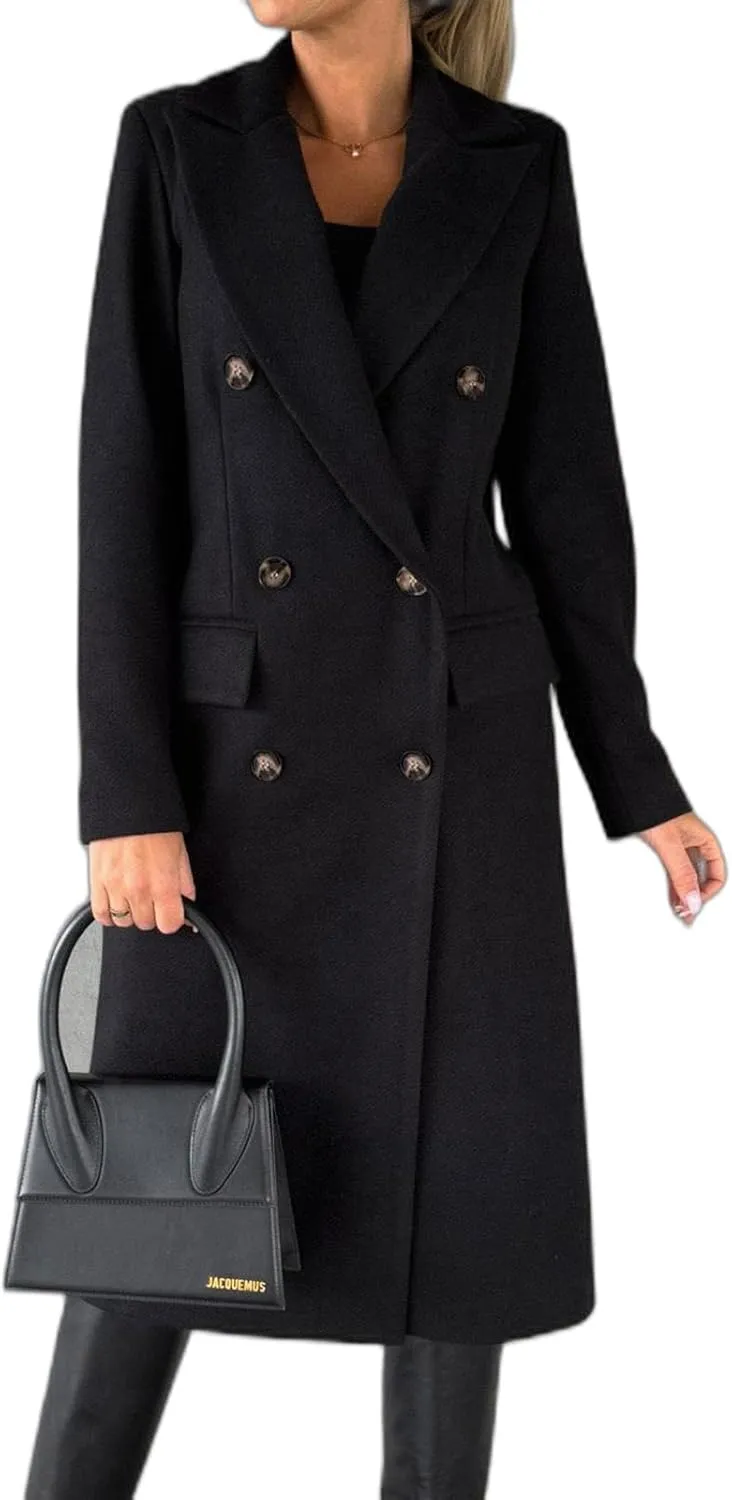Womens Long Double Breasted Coats Lapel Collar Pea Coat Winter Slim Fit Jackets Trench Coat Outwear Mid Long Jacket