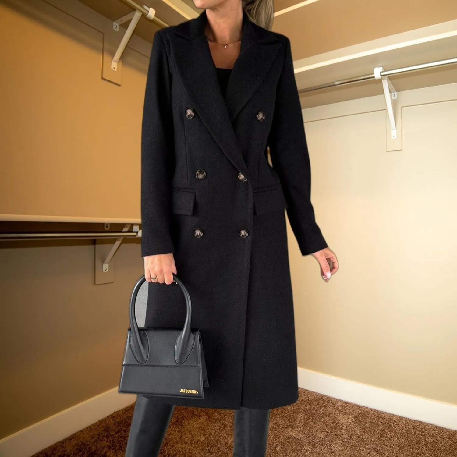 Womens Long Double Breasted Coats Lapel Collar Pea Coat Winter Slim Fit Jackets Trench Coat Outwear Mid Long Jacket