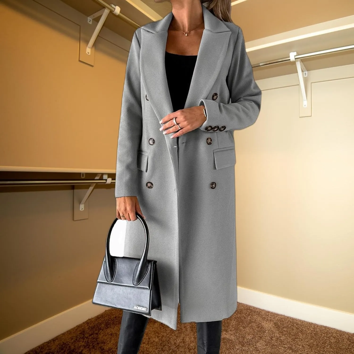 Womens Long Double Breasted Coats Lapel Collar Pea Coat Winter Slim Fit Jackets Trench Coat Outwear Mid Long Jacket