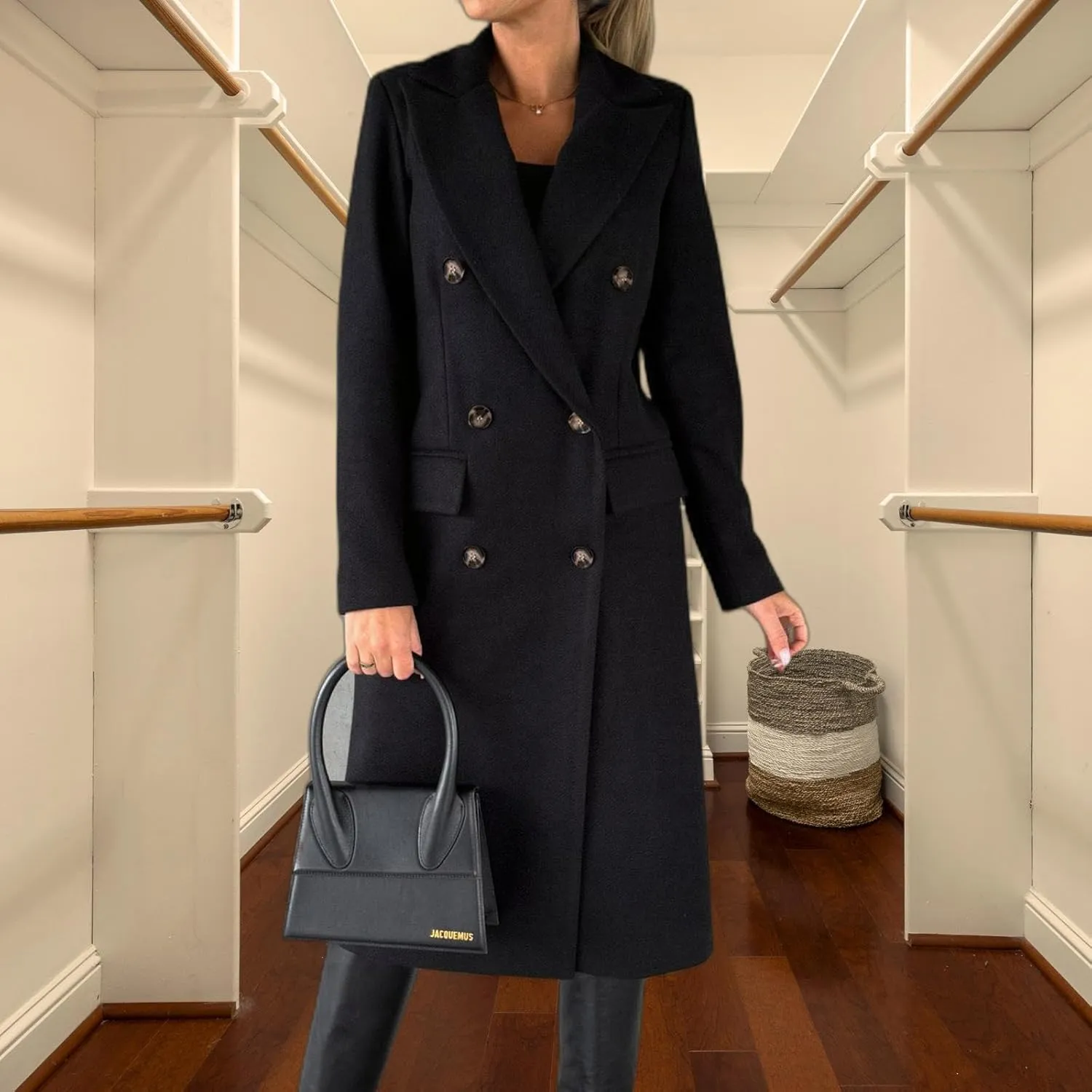 Womens Long Double Breasted Coats Lapel Collar Pea Coat Winter Slim Fit Jackets Trench Coat Outwear Mid Long Jacket
