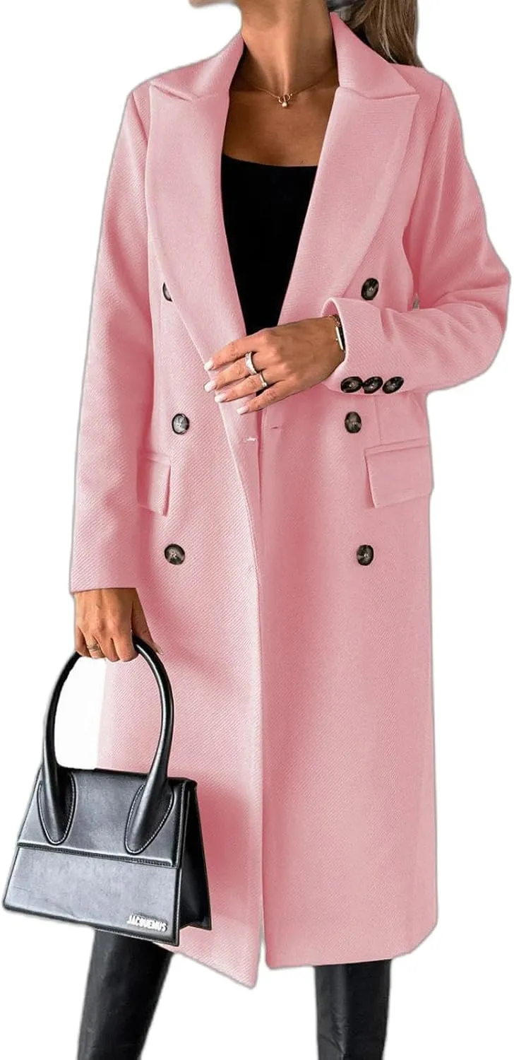 Womens Long Double Breasted Coats Lapel Collar Pea Coat Winter Slim Fit Jackets Trench Coat Outwear Mid Long Jacket