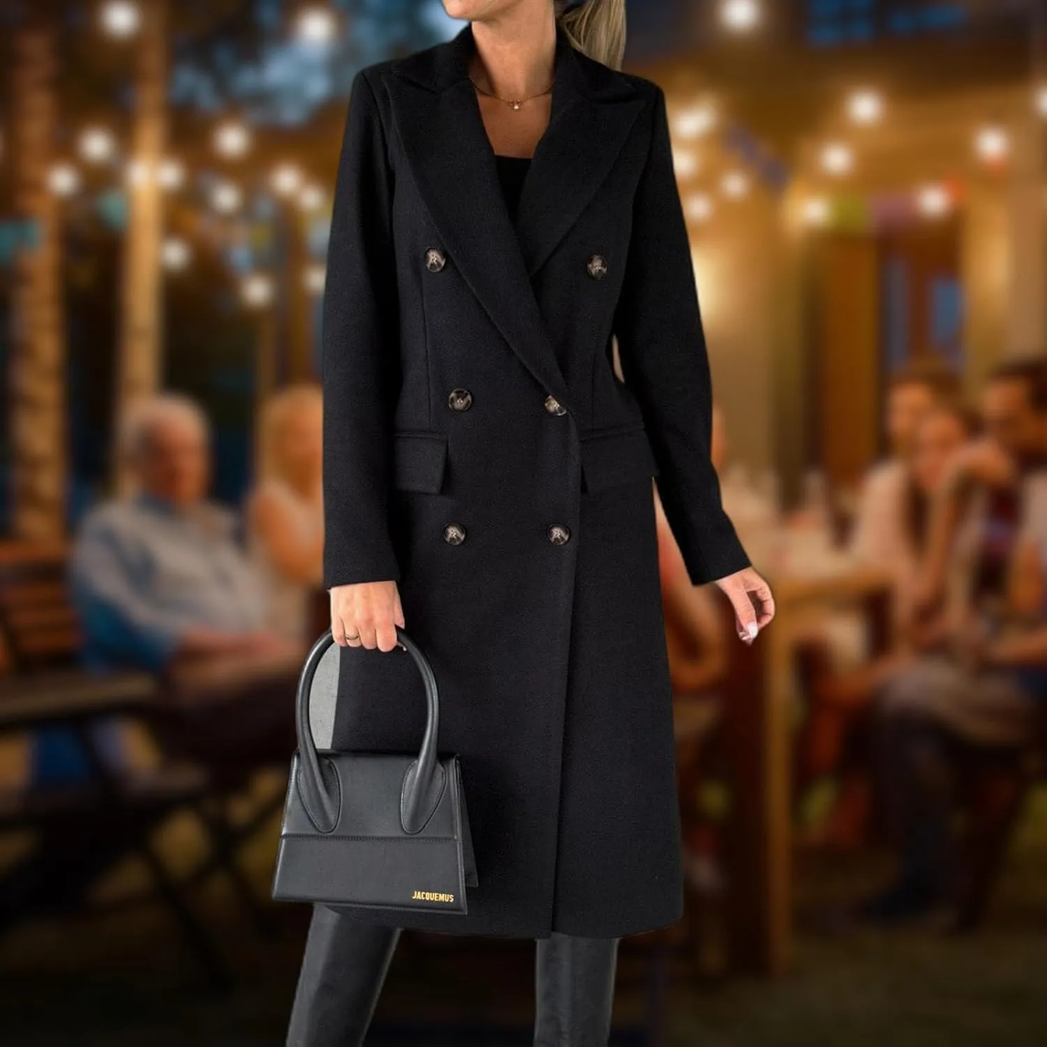 Womens Long Double Breasted Coats Lapel Collar Pea Coat Winter Slim Fit Jackets Trench Coat Outwear Mid Long Jacket