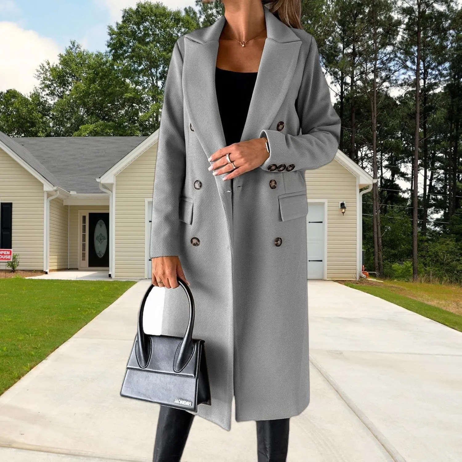 Womens Long Double Breasted Coats Lapel Collar Pea Coat Winter Slim Fit Jackets Trench Coat Outwear Mid Long Jacket