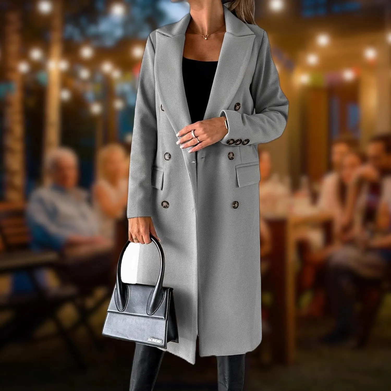 Womens Long Double Breasted Coats Lapel Collar Pea Coat Winter Slim Fit Jackets Trench Coat Outwear Mid Long Jacket