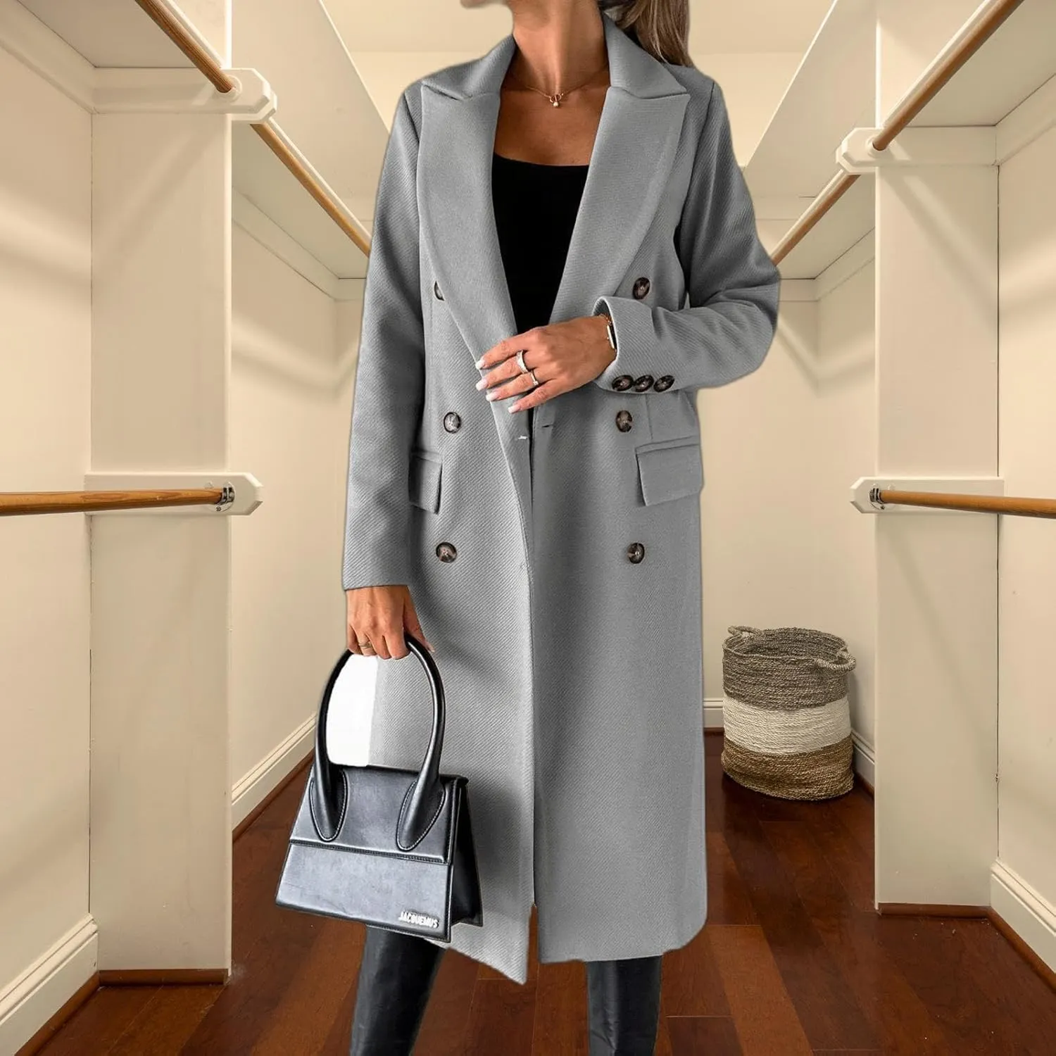 Womens Long Double Breasted Coats Lapel Collar Pea Coat Winter Slim Fit Jackets Trench Coat Outwear Mid Long Jacket