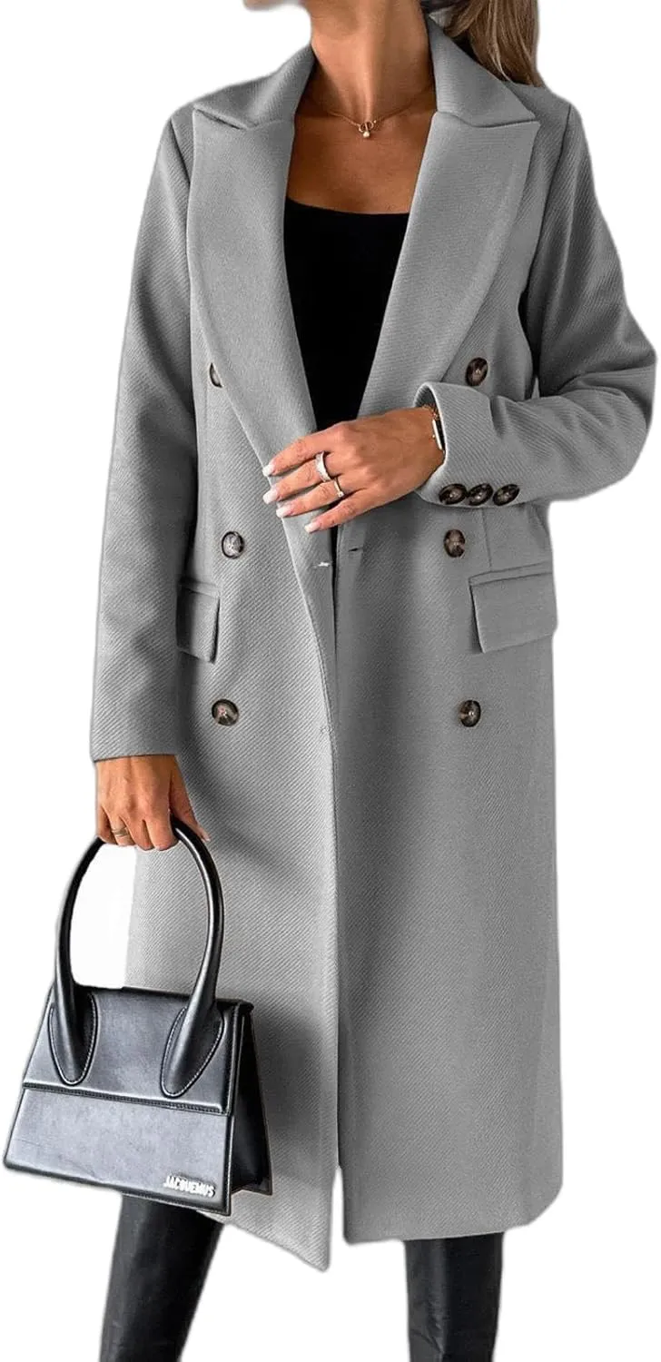 Womens Long Double Breasted Coats Lapel Collar Pea Coat Winter Slim Fit Jackets Trench Coat Outwear Mid Long Jacket
