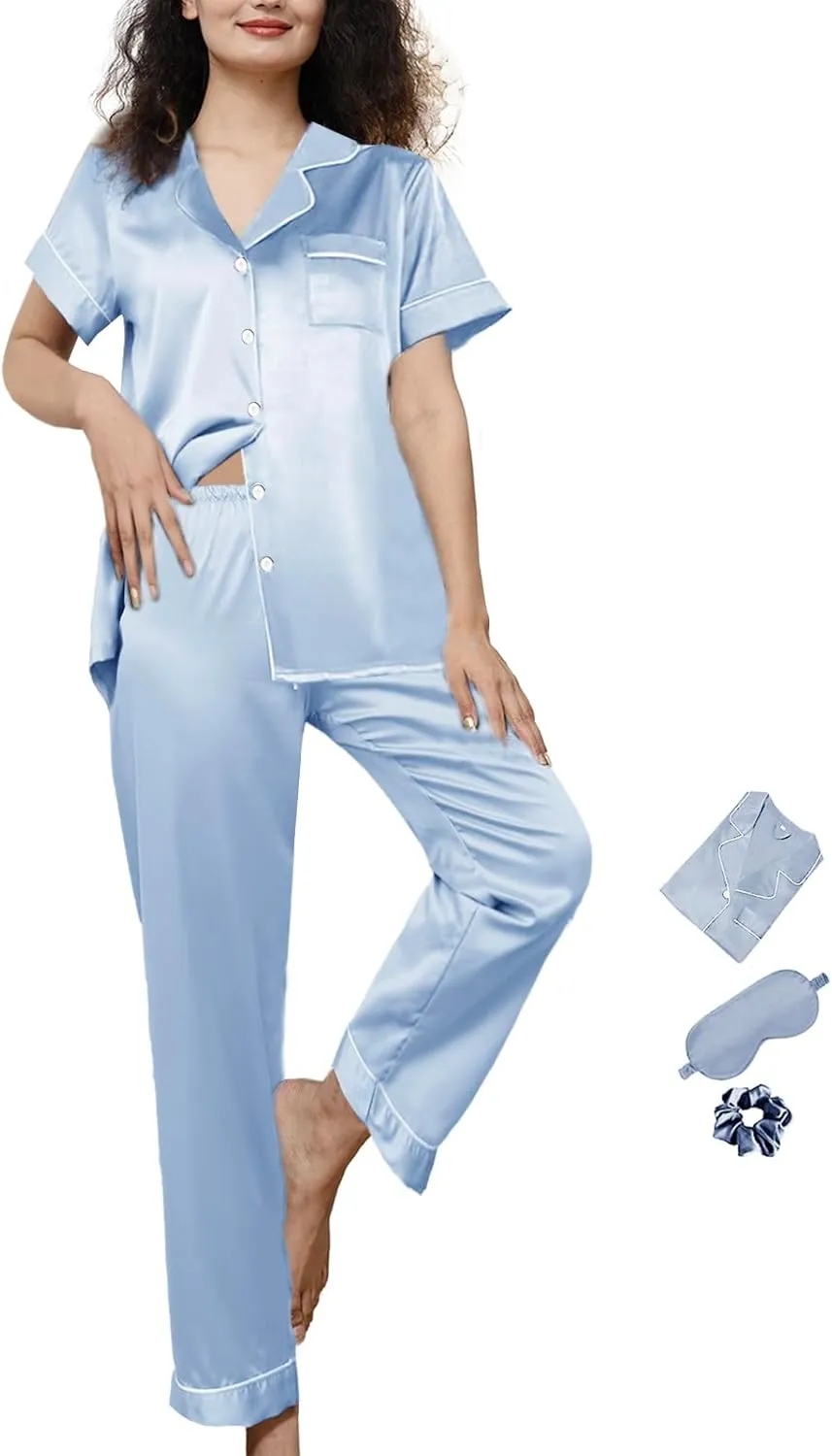Womens Pajamas Set XS-4XL Silk Satin Pajama Sets Short Pj Sets Button Down Pjs Set Loungewear-Size: 4XL Azure