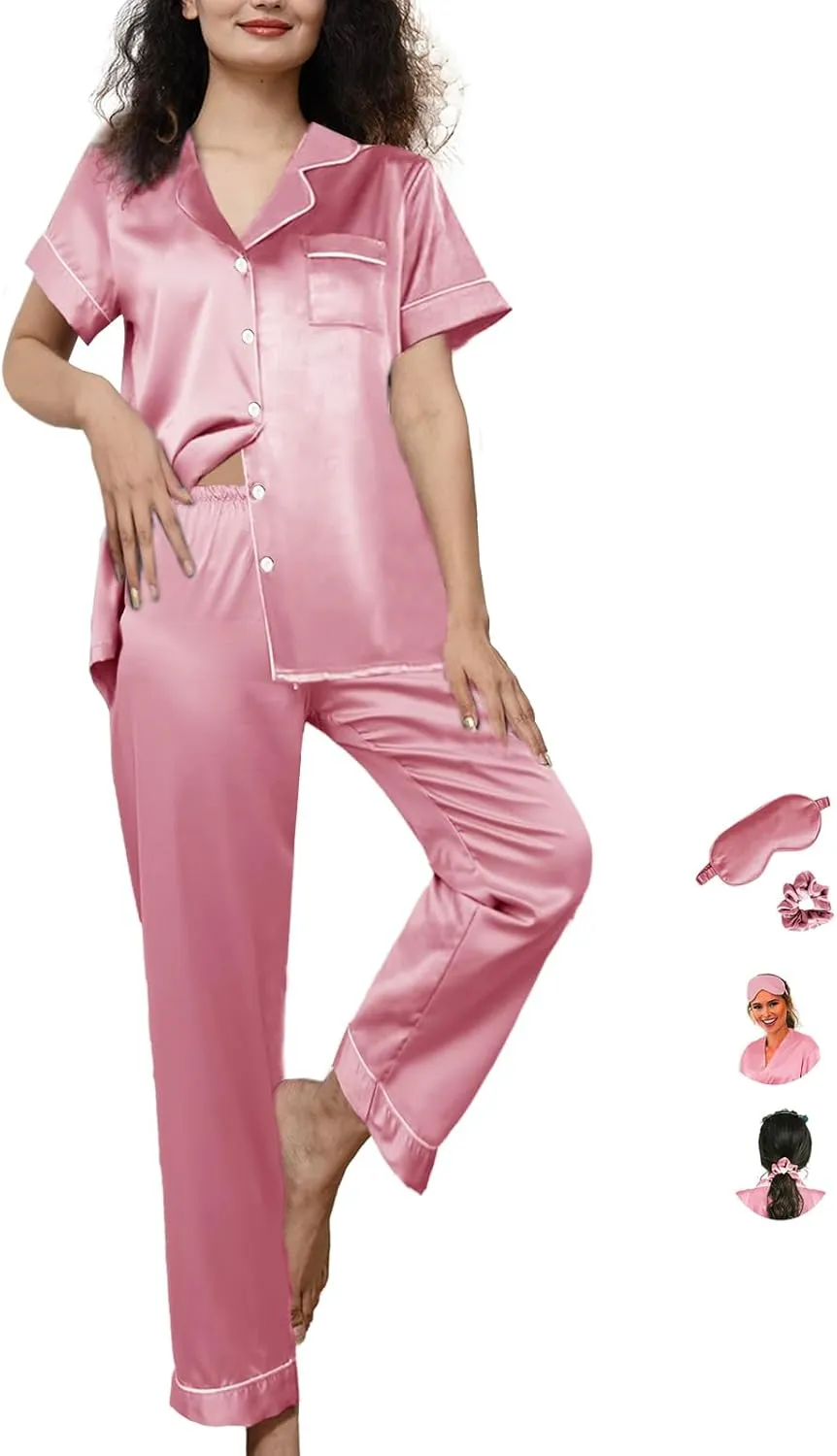 Womens Pajamas Set XS-4XL Silk Satin Pajama Sets Short Pj Sets Button Down Pjs Set Loungewear -Size:4XL Dusty Rose