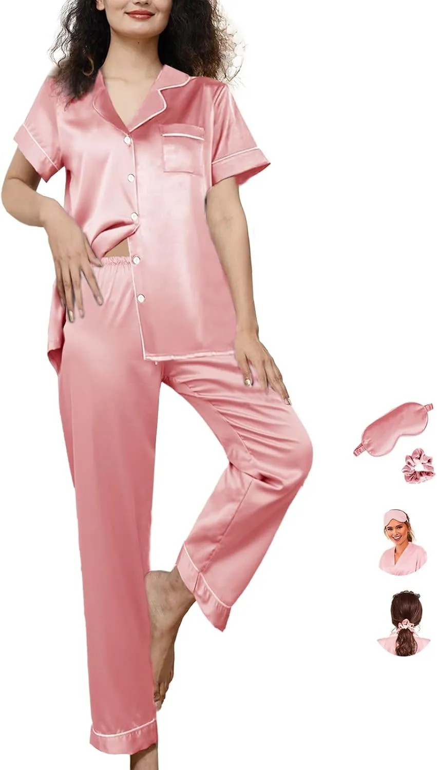 Womens Pajamas Set XS-4XL Silk Satin Pajama Sets Short Pj Sets Button Down Pjs Set Loungewear Sleepwear-Size: 4XL Pale Rose