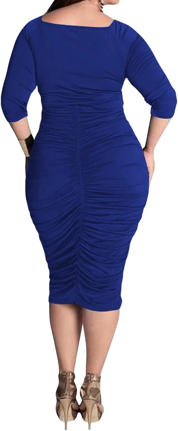 Yajedo Women's Plus Size Bodycon Sexy V Neck Short Sleeve Ruched Cocktail Midi Dresses
